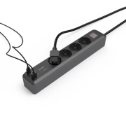 Разклонител Hama, 4-гнезда, USB-C/A 65 W, PD, ключ on/off, 1,4 м, черен/сив