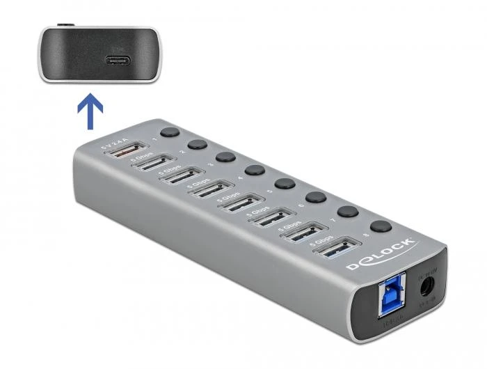 USB хъб Type-C Delock  7 x USB-A, 1 Fast Charging Port, 1 x USB-B, 1 x USB-C PD, Подсветка, Сив