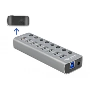 USB хъб Type-C Delock  7 x USB-A, 1 Fast Charging Port, 1 x USB-B, 1 x USB-C PD, Подсветка, Сив