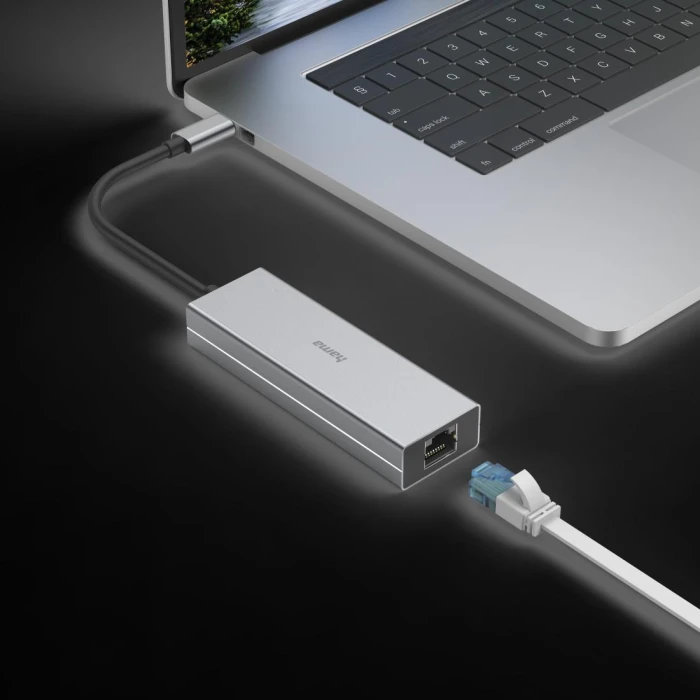 4-портов хъб USB-C HAMA, 2 x USB-A, USB-C, LAN/Ethernet, Сив