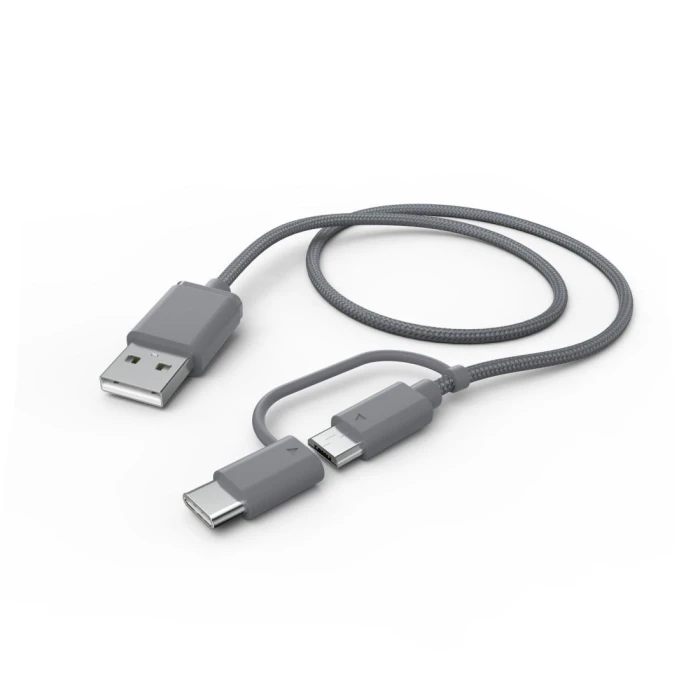 Кабел HAMA 2 в 1, USB-A мъжко - Micro USB мъжко, Адаптер USB-C, 1.0 м., Сив