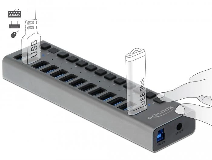 USB хъб Delock, 13 x USB-A, 1 x USB-B, 5 Gbps, Превключвател, LED индикатор, Сив