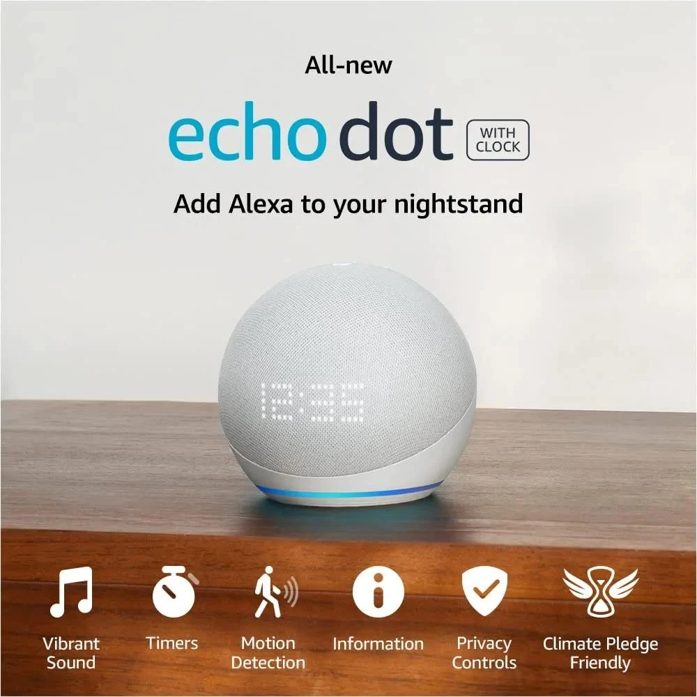 Преносима смарт тонколона Amazon Echo Dot 5, Гласов асистент, Alexa, Часовник, Бял