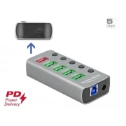 USB хъб Type-C Delock 4 x USB-A, 1 Fast Charging Port, 1 x USB-B, 1 x USB-C PD, Подсветка, Сив