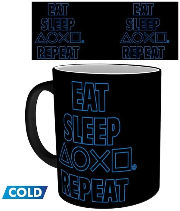Чаша ABYSTYLE PLAYSTATION Mug Heat Change Eat Sleep Repeat, Сменящ се цвят, Черен