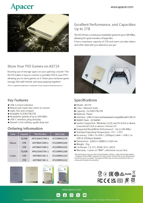 Apacer Portable SSD AS724 2TB