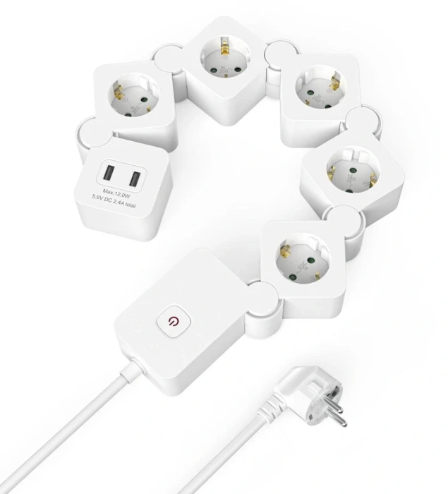 HAMA Разклонител 5 гнезда, USB-A 12 W, гъвкав, превключвател, 1,4 м, бял