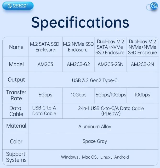 Orico AM2C3-G2 M.2 NVMe USB-C
