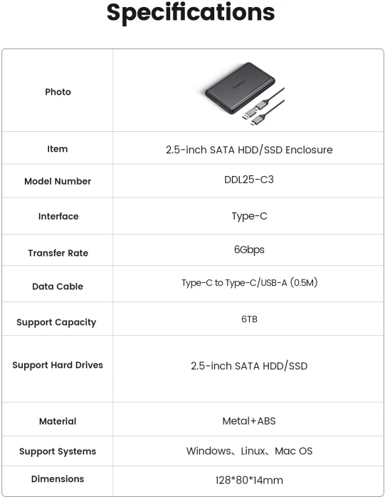 Orico DDL25 кутия за диск 2.5" USB-C