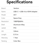 Vention адаптер USB-C/A > HDMI 1080p