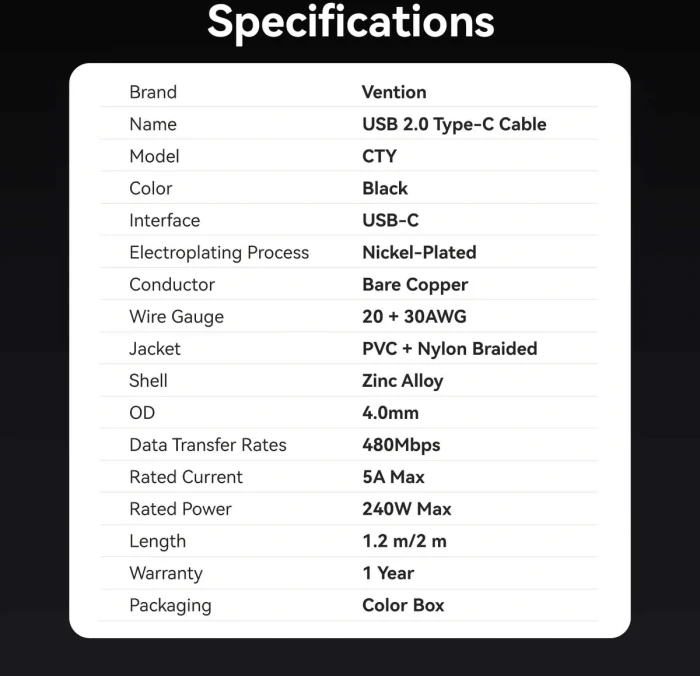 Vention USB-C 2.0 240W - 1.2m