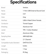 Vention звукова карта USB > 3.5mm 4-pin
