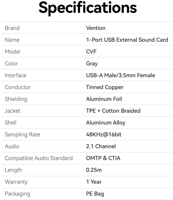 Vention звукова карта USB > 3.5mm 4-pin