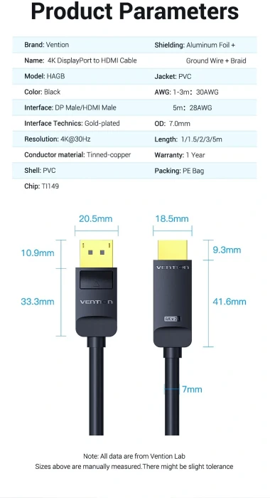 Vention DisplayPort > HDMI 4K - 1.5m