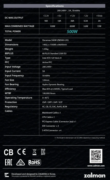 Zalman DecaMax ZM500-LX3 80+ 500W