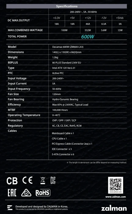 Zalman DecaMax ZM600-LX3 80+ 600W
