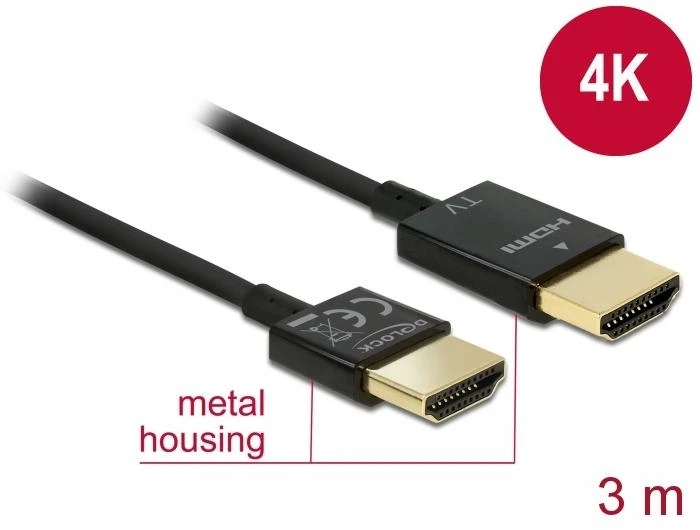 Кабел Delock, HDMI-A мъжко - HDMI-A мъжко, Ethernet, 18 Gbit/s, 4K, 3 м, Черен