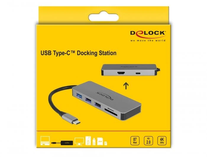 Докинг станция Delock USB-A, USB-C, HDMI, SD, Micro SD, PD, 4K, Подсветка, Сив