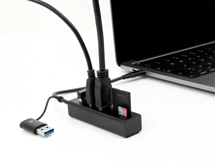 USB хъб Delock 63859, 3.2 Gen 1, 3 x USB-A, SD и MicroSD четец на карти, USB-C, USB-A конектор, Черен