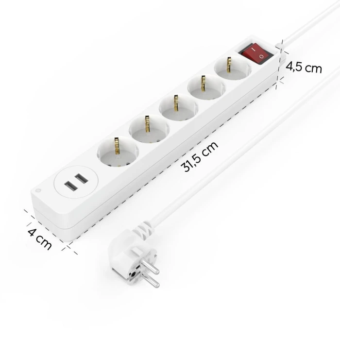 Разклонител HAMA USB 3.4A, 5 гнезда, 2x USB, 3400mA,1.4м, 3680W, Бял