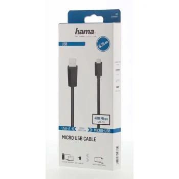 Кабел HAMA USB 2.0- micro USB, Позлатени конектори, 0.75 м., 480 Mbit / сек, Черен