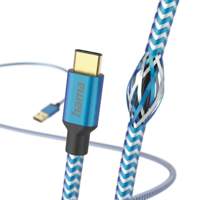Кабел HAMA Reflective, USB-C мъжко - USB-A мъжко, 480 Mbps, 1.5 м., Син