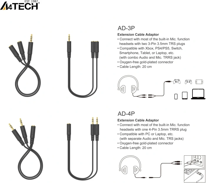 A4Tech 2 х 3.5mm 3-pin > 3.5mm 4-pin