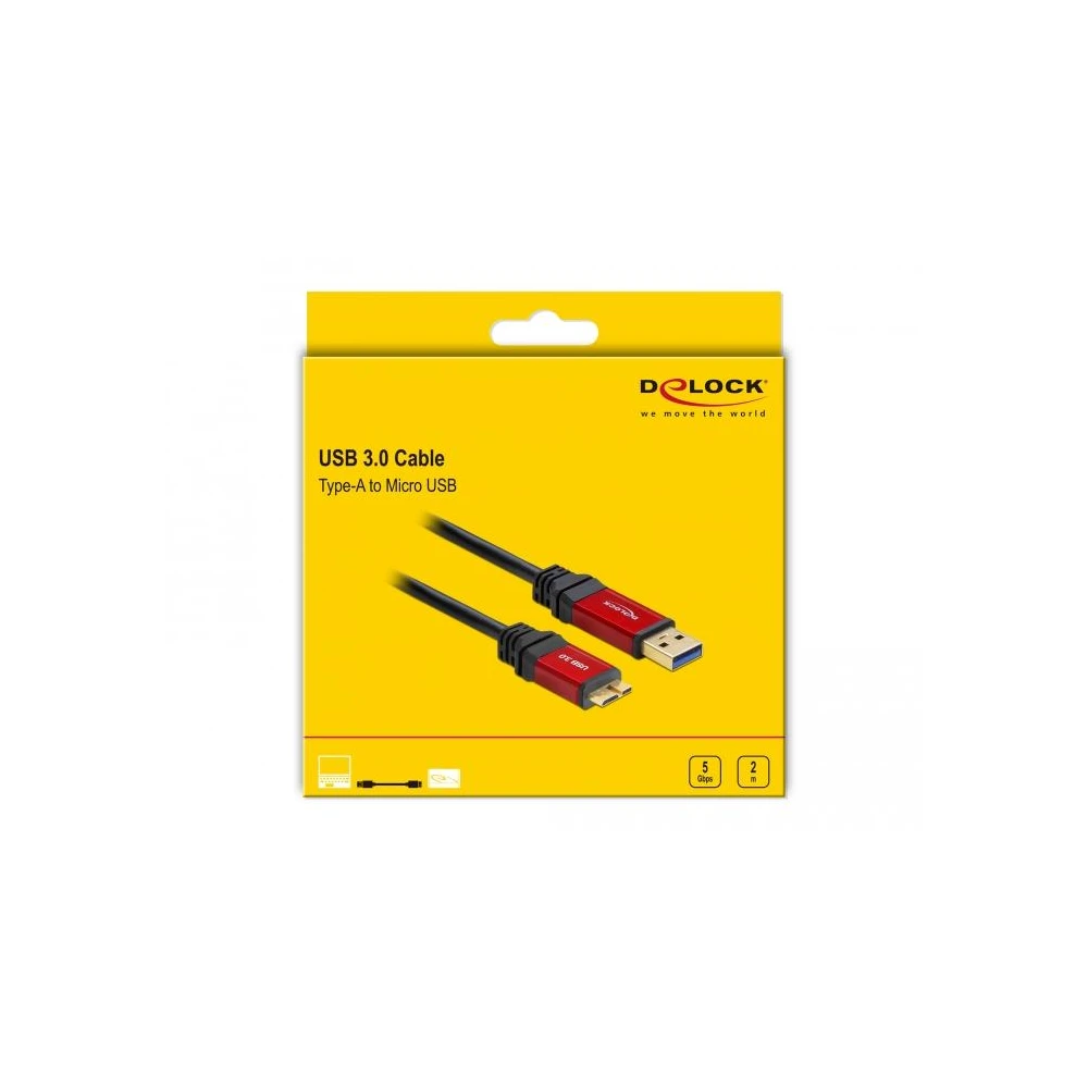 Кабел Delock  USB-A мъжко - USB Micro-B мъжко, 2 м, Premium, Екраниран, Черен