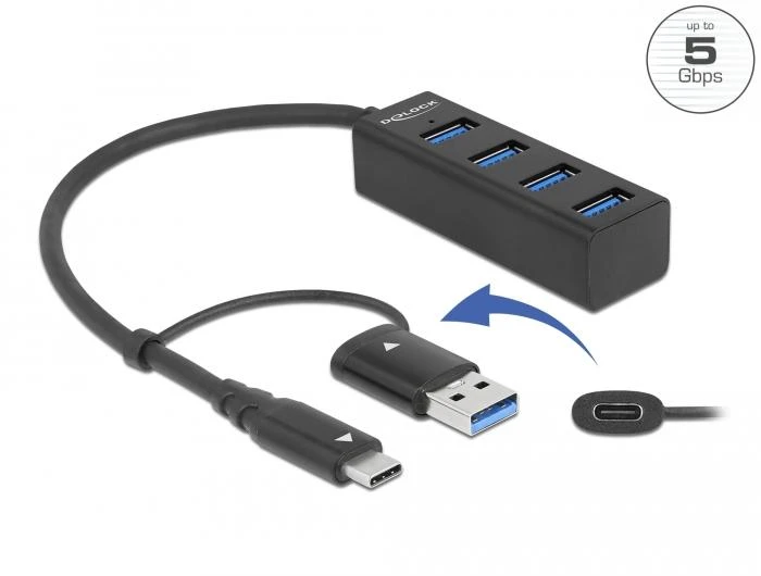 USB хъб Delock 63828, 3.2 Gen 1, 4 x USB-A, USB-C, USB-A конектор, Черен