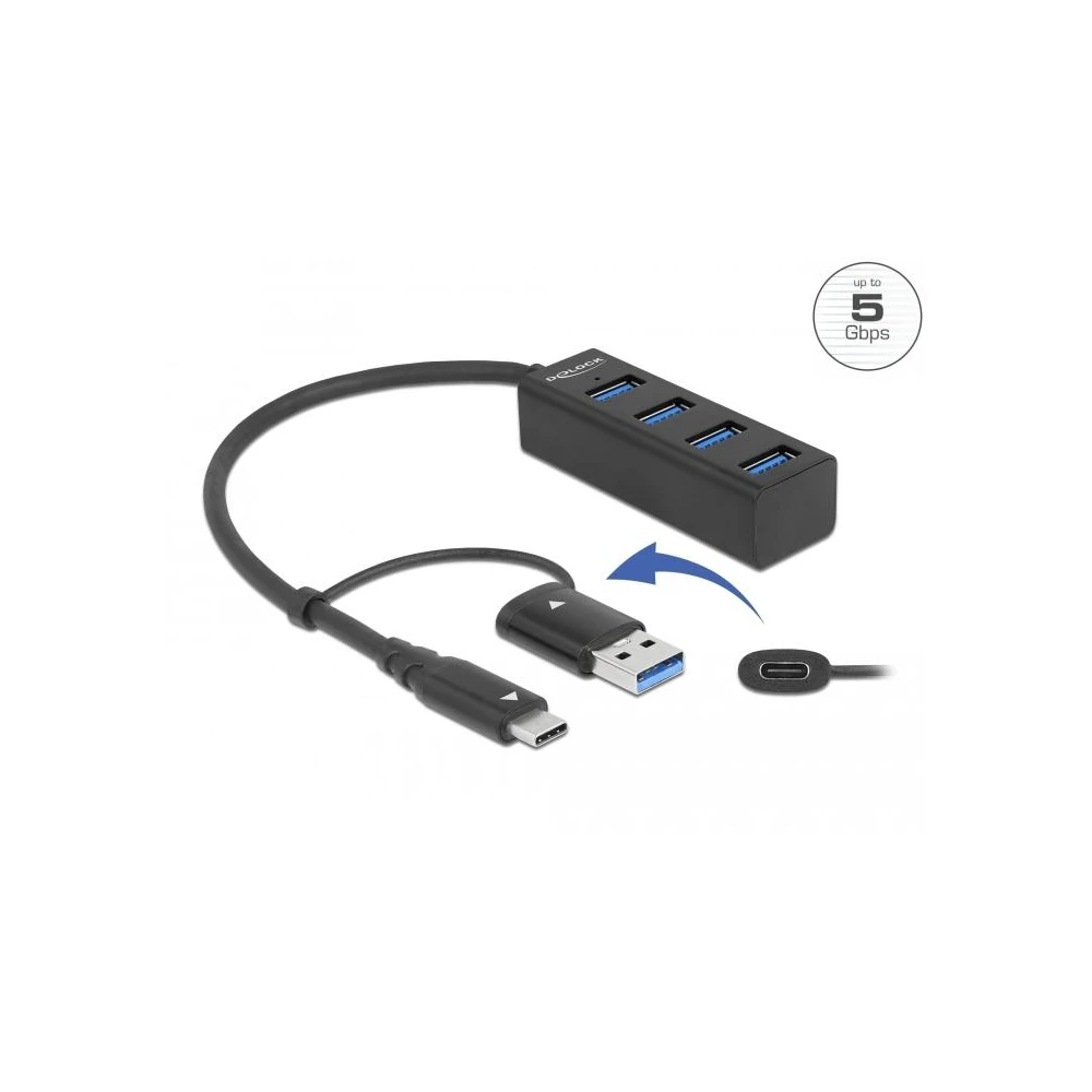 USB хъб Delock 63828, 3.2 Gen 1, 4 x USB-A, USB-C, USB-A конектор, Черен