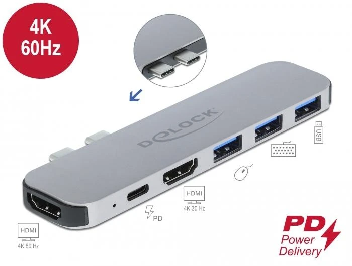 Докинг станция Delock За MacBook, HDMI 4K, USB-A, USB-C, PD, Сив