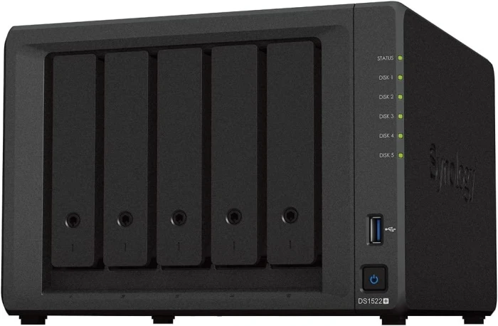 Мрежов сторидж Synology DS1522+, за 5 диска, до 108TB, CPU 2.6GHz, RAM 8GB, 4xГигабит, USB 3.2 Gen 1
