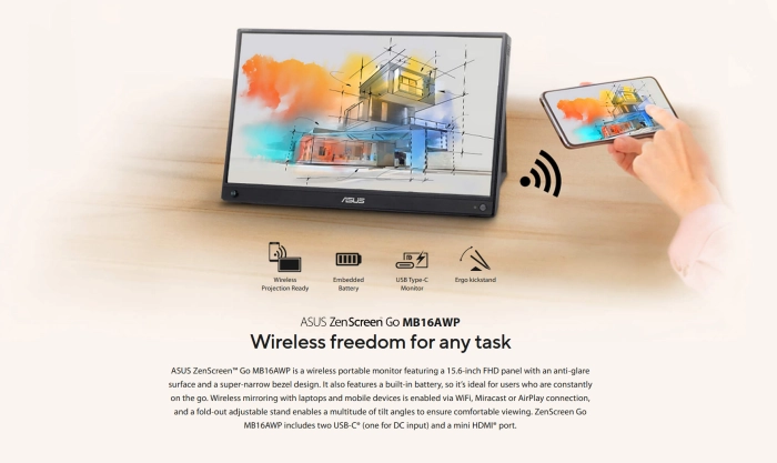 ASUS ZenScreen Go MB16AWP Wireless Portable