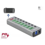USB хъб Type-C Delock  7 x USB-A, 1 Fast Charging Port, 1 x USB-B, 1 x USB-C PD, Подсветка, Сив