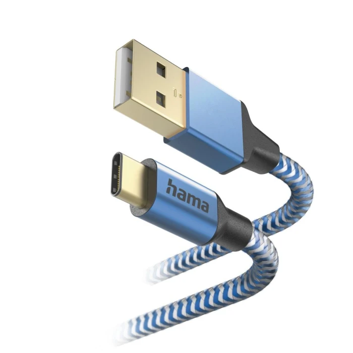 Кабел HAMA Reflective, USB-C мъжко - USB-A мъжко, 480 Mbps, 1.5 м., Син