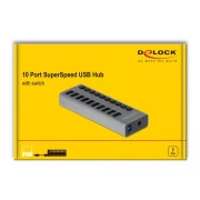 USB хъб Delock 10 x USB-A, 1 x USB-B, 5 Gbps, Превключвател, LED индикатор, Сив