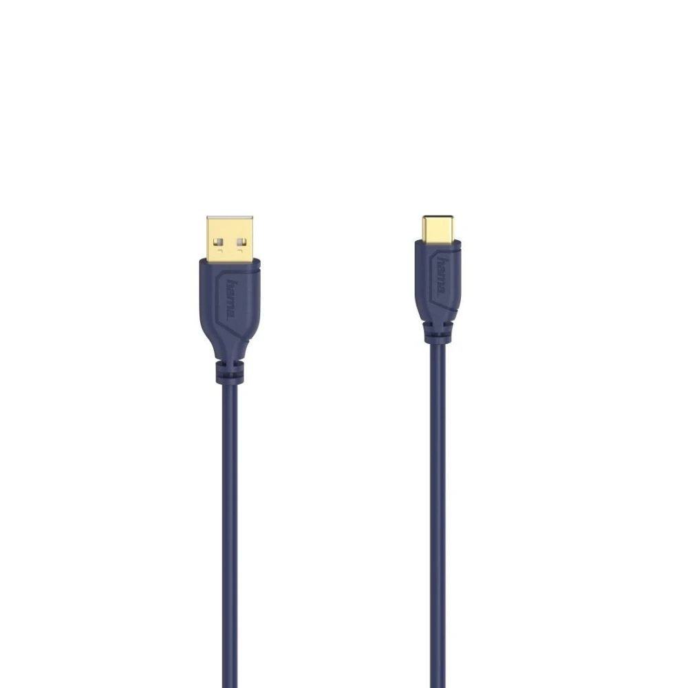 Кабел Hama Flexi-Slim USB-C - USB-A 2.0 мъжко, 0.75м,тънък, позлатен, син
