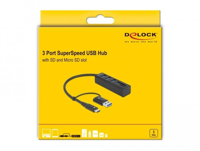 USB хъб Delock 63859, 3.2 Gen 1, 3 x USB-A, SD и MicroSD четец на карти, USB-C, USB-A конектор, Черен