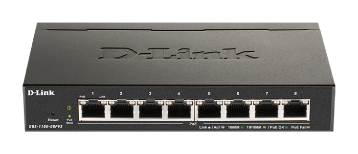 Суич D-Link DGS-1100-08PV2, 8 портов PoE 10/100/1000 Gigabit Smart Switch, управляем, за монтаж в шкаф