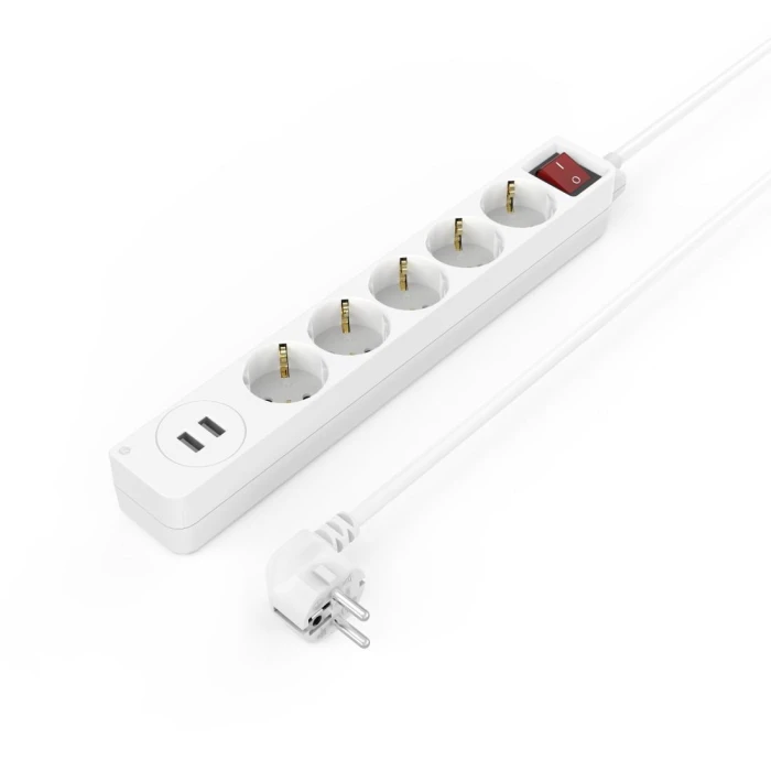 Разклонител HAMA USB 3.4A, 5 гнезда, 2x USB, 3400mA,1.4м, 3680W, Бял