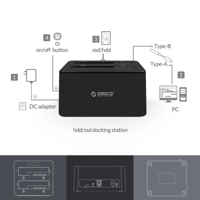 Orico докинг станция Storage - HDD/SSD Dock - 2 BAY Clone 2.5/3.5 USB3.0 - 6629US3-C