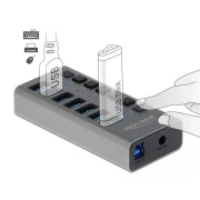 USB хъб Delock 7 x USB-A, 1 x USB-B, 5 Gbps, Превключвател, LED индикатор, Сив