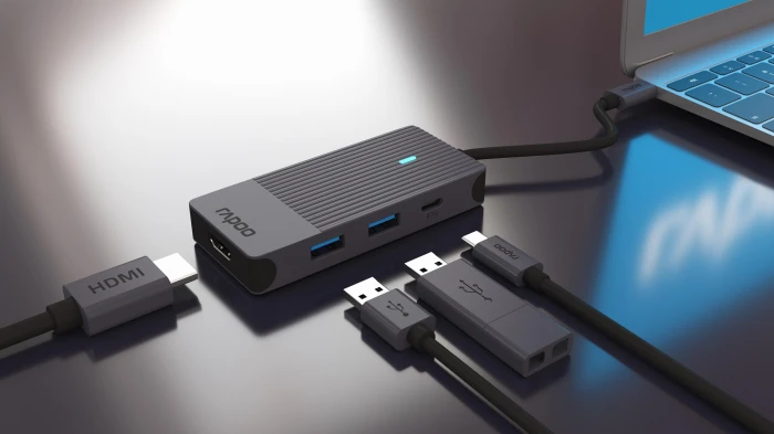 4-портов хъб Rapoo UCM-2001, 4 в1, 2 x USB-A, 1 x  USB-C, 1 x HDMI, Черен