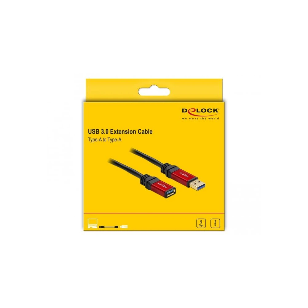 Удължителен кабел Delock USB-A мъжко - USB-А женско, 2 м, Premium, Екраниран, Черен