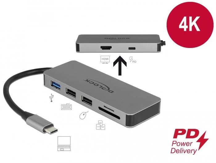 Докинг станция Delock USB-A, USB-C, HDMI, SD, Micro SD, PD, 4K, Подсветка, Сив