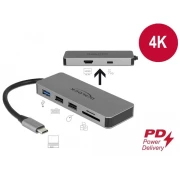 Докинг станция Delock USB-A, USB-C, HDMI, SD, Micro SD, PD, 4K, Подсветка, Сив