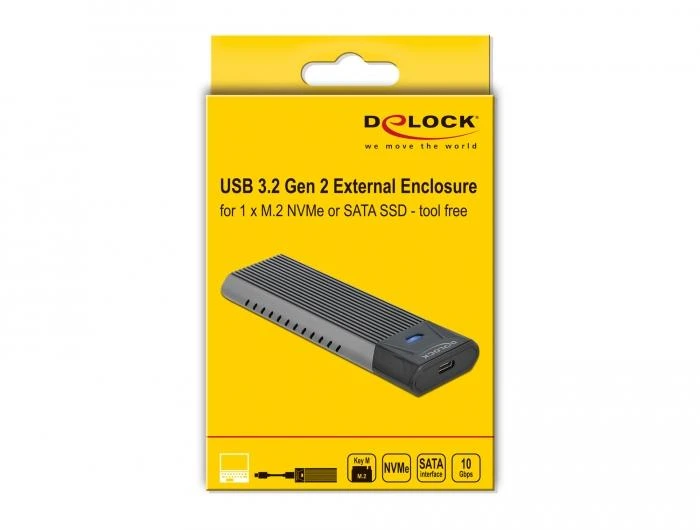 Външна стойка Delock 63263, За M.2 NVMe PCIe или SATA SSD, USB-C 3.2 Gen 2, Инсталация без инструменти