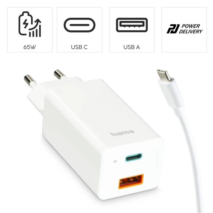 Универсално зарядно за лаптоп Hama USB-C, GaN, Power Del. (PD), 5-20V/65W
