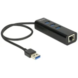 USB хъб Delock, 3 x USB 3.0 + 1 порт Gigabit LAN, Черен