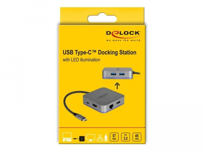 Докинг станция Delock USB-A, USB-C, HDMI, Gigabit LAN, PD, Подсветка, Сив